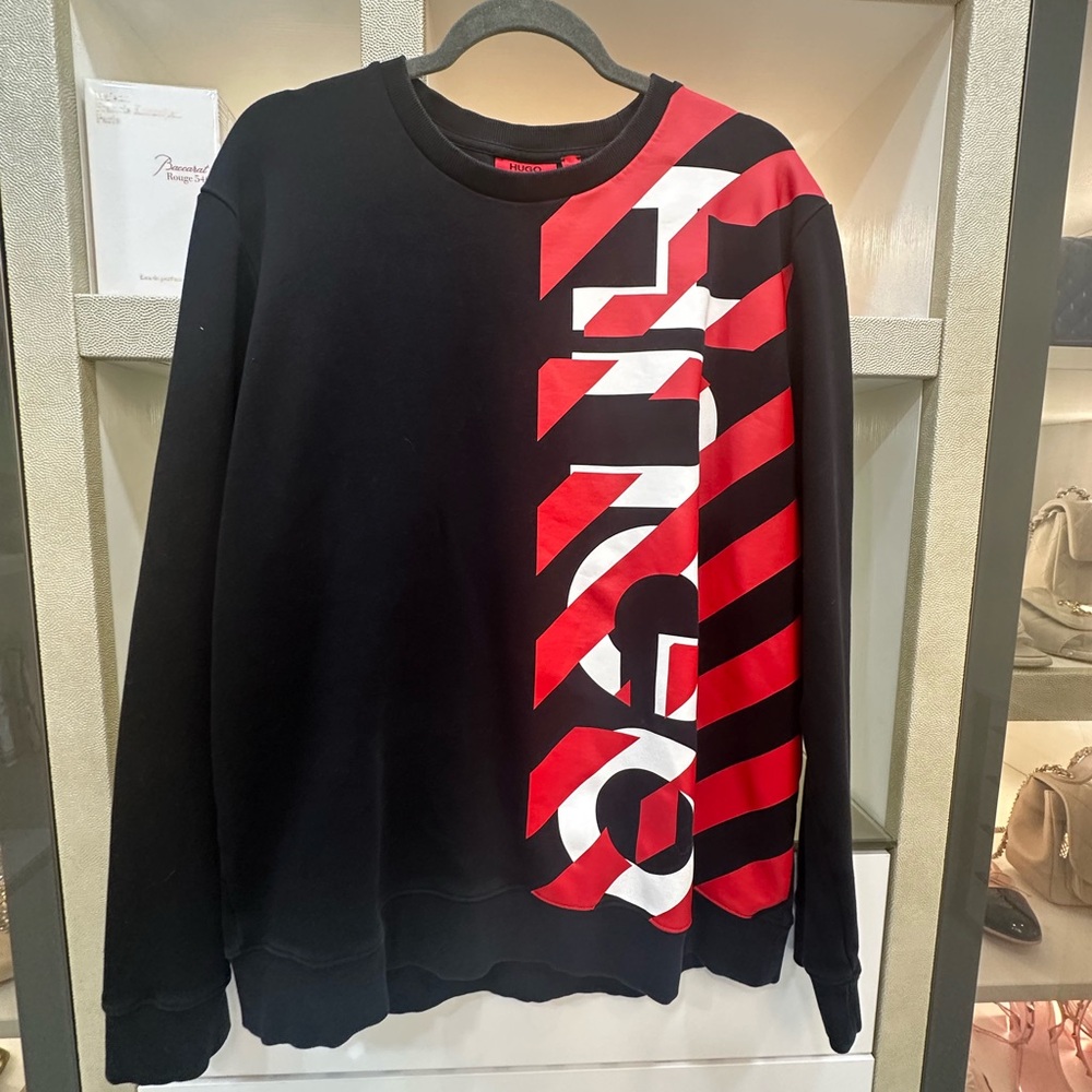 Hugo Boss Black Crewneck Sweater with Red and White Graphic Panel Size XXL